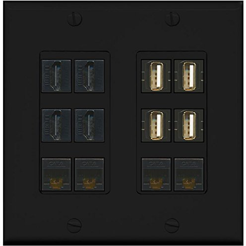 RiteAV - (2 Gang Decorative) 4 USB A-A (Black) 4 HDMI Black 4 Cat6 Wall Plate Black