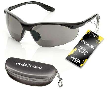 voltX 'CONSTRUCTOR' (AHUMADO/GRIS dioptría +3.0) Gafas de Seguridad de Lectura BIFOCALES que cumplen con la certificación CE EN166F - cuerda de seguridad + estuche de seguridad rígido con bisagras
