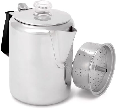 GSI utomhus perkolator kaffekanna I glaciär rostfritt stål med silikonhandtag för camping, backpacking, resor, husbil och jakt - spis säker - 9 kopp