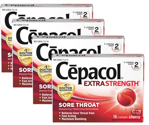Cepacol Extra Strength Sore Throat & Cough Relief Lozenges, 16 Count, Cherry Flavor, Maximum Numbing, Fast Acting Relieves Sore Throat Pain, and Quiets Cough (Pack of 4)