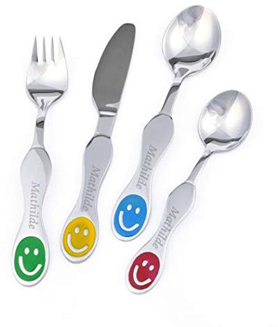 PERSONALIZED PRODUCTS KIDDI-MEDIA ESTD. 2007 Kinderbesteck mit Namensgravur/Motiv Smileys / 4-teilig (alle 4 mit Name graviert) / aus Edelstahl/feine Gravur in ansprechender Schrift