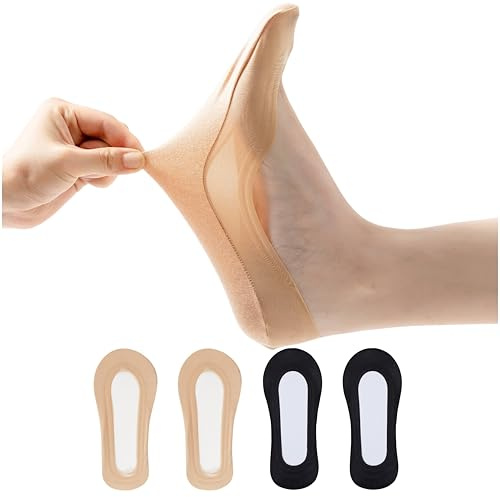 JARSEEN 4Paia Donna Calzini Fantasmini Nylon Cotone Invisible Corti Basse Salvapiede Calze con Gel Antiscivolo (2Beige+2Nero, EU 35-38.5)