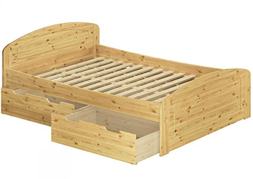 Erst-Holz®Funktionsbett Doppelbett mit 3 Staukästen Rollrost 140x200 Seniorenbett Massivholz Kiefer 60.50-14