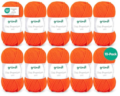 Gründl Wolle Lisa Premium uni - Garn zum Stricken - Strickgarn - Häkelgarn - Weich und hautfreundlich - 100% Polyacryl 10 Knäuel 50 g / 133 m - Nadelstärke 3,5-4,5 - Orange