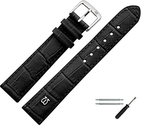 MARBURGER Uhrenarmband 18mm Leder Schwarz Silber Alligator Prägung Mit Naht - Montage Set 5281810000120