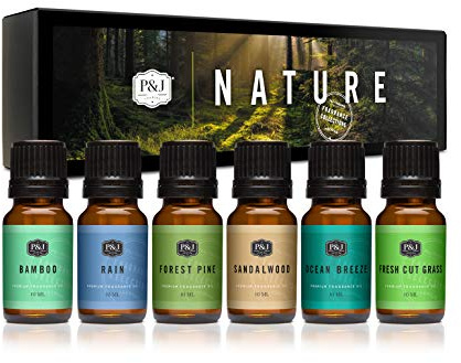 P&J Fragrance Oil Nature Set | Forest Pine, Ocean Breeze, Rain, Fresh Cut Grass, Sandalwood, and Bamboo Candle Scents for Candle Making, Freshie Scents, Soap Making Supplies, Diffuser Oil