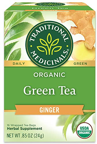 Traditional Medicinals Tea, Organic Green Tea Ginger - Promotes Healthy Digestion, Occasional Nausea & Indigestion Relief - Kosher, Non-GMO - 16 Tea Bags