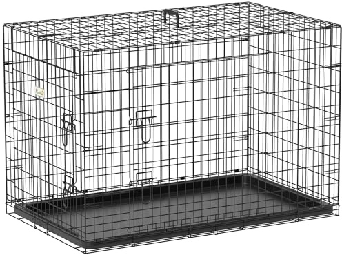 PawHut Cage Caisse de Transport Pliante pour Chien en métal Noir 92 x 57 x 62,5 cm