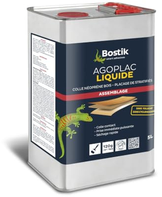 Bostik Agoplac Liquide – Colle Contact Néoprène Haute Performance – Prise Immédiate – Haute Tenue Thermique – Placage à Froid Pour Stratifiés, Bois, Caoutchouc, Métal – Sans Toluène – 5 L