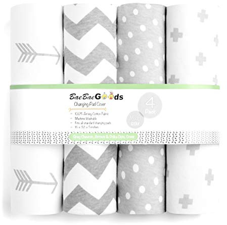 Premium Baby Changing Pad Covers 4 Pack – Boy or Girl Changing Pad Cover – Pure Jersey Machine Washable Grey and White Changing Table Cover – Diaper Changing Pad Cover Sheets