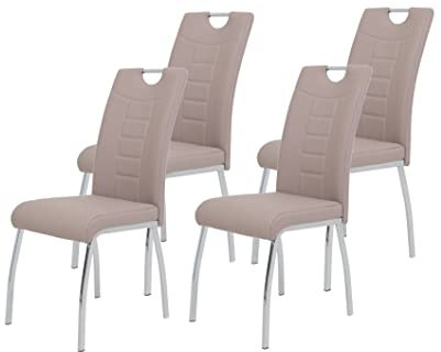 Hela Tische, 4er Set Esszimmerstuhl Andrea, Bezug Kunstleder Cappuccino, Rundrohgestell Chrom, 100x43x64 cm