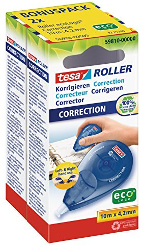 tesa EcoLogo 56998-00000-00 2 x Correction Rollers / 2 x 10 m x 42 mm - Black - Refillable - Automatic Tape Streamlining - Tear-Resistant PET Tape