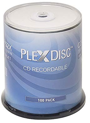 PlexDisc CD-R 700MB 52X White Inkjet Hub Printable Discs | 100 Pack Cake Box (FFP) | Blank CDs for Burning Music, Photos, Data | Writable Recordable Media