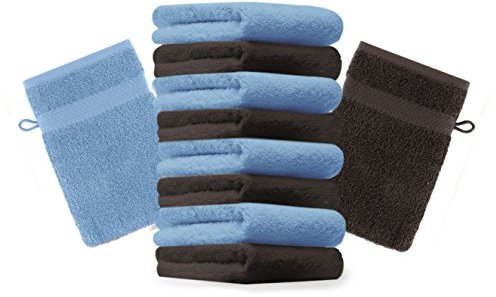 Betz 10 Stück Waschhandschuhe Premium 100% Baumwolle Waschlappen Set 16x21 cm Farbe hellblau und Dunkelbraun