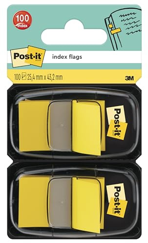Post-it Index Flags, Medium, Yellow, 2 Dispensers 25.4 mm x 43.2 mm, 100 Flags - to Mark, Highlight or Color Code Important Information