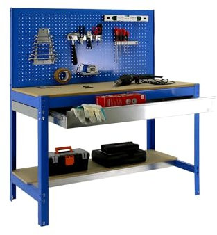 SimonRack Banco de Trabajo Taller, Capacidad Carga 600 kg, 1445x1210x610 mm, Mesa de Trabajo, 1 Cajón, Azul/Madera - BT2