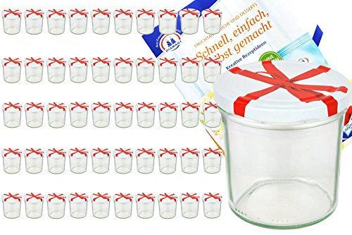 MamboCat Lot de 50 bocaux à confiture en verre de 350 ml + couvercles blancs To 82 avec motif en forme de nœud + livret de recettes Diamant [français non garanti]