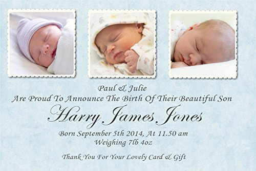 40 Personalised Boys Blue Baby Birth Announcement Cards With Envelopes