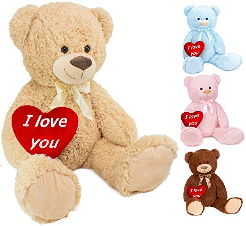 BRUBAKER XXL Teddybär 100 cm groß Beige mit einem I Love You Herz Plüschtier Kuscheltier
