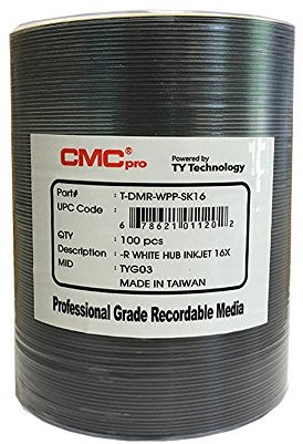 CMC Pro - Powered by TY Technology 16x White Inkjet Hub Printable 4.7GB DVD in Tape Wrap - 100 Pack