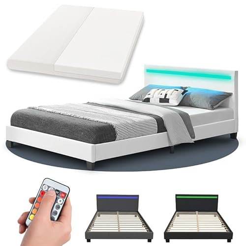 Juskys Polsterbett Paris 140x200 cm mit LED Beleuchtung, Matratze, Lattenrost & Kopfteil - Kunstleder & Holz - weiß - Bett Jugendbett Bettgestell