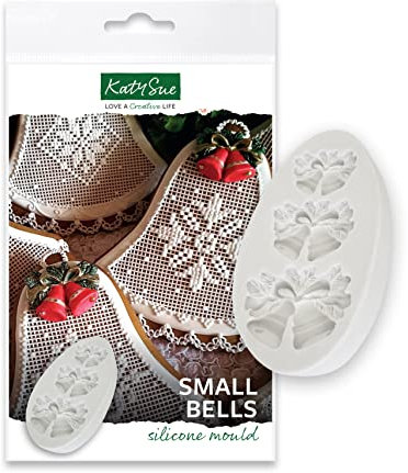 Katy Sue Small Bells Silicone Mould for Cake Decorating & Craft. Makes 3 Pairs of Bells with Bow & Foliage. Small 25 x 18 x 5, Medium 33 x 23 x 5, Large 40 x 30 x 5 Millimetres for Fondant & Clay