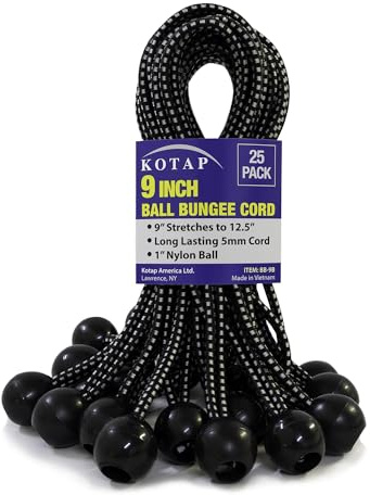 Kotap BB-9B Ball Bungee Cord, Heavy-Duty & Versatile, Indoor & Outdoor, Tarp Tie-Down, Organize & Secure, 9 Inch, Black, 25 Pack