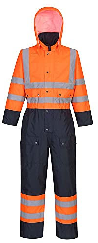 Portwest S485 Men's Hi Vis Winter Work Coveralls Waterproof 300D Polyester Protective Boiler Suit Durable Overalls Thermal Lined Workwear Rain Suit, Orange/Navy, X-Large
