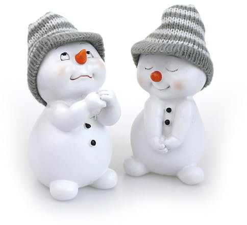 2X Deko Figur Schneemann im Set je 11 cm, Keramik weiß, Wintermütze Textil Wolle grau, Keramikfigur Dekofigur Winter Weihnachten Advent Dekoration [Typ A]
