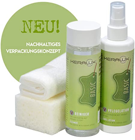KERALUX Lederpflege Set V für Leder mit Vintage Effekt. 200 ml Reiniger, 200 ml Pflegelotion für Vintage Leder und Zubehör