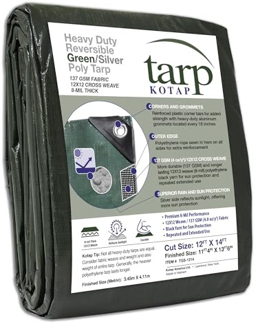 Kotap 12 x 14 Ft. Heavy-Duty Protection/Coverage Tarp, 8-mil, Reversible, Multi-Use, Waterproof, Green-Silver, (TGS-1214)