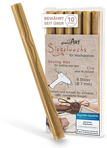 gravurART Siegelwachs flexibel für Wachspistole - Stilvoll Briefe versiegeln mit dem 6er Pack Wachs für Siegelstempel in Gold - 7 mm