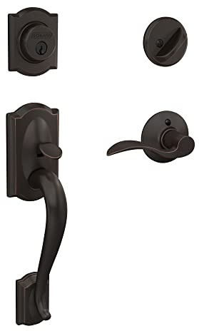 Schlage F60 V CAM 716 ACC Camelot Front Entry Handleset with Accent Lever, Deadbolt Keyed 1 Side, Aged Bronze