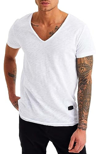 Leif Nelson LN6280 Maglietta Uomo con Scollo a V – T‑Shirt Estiva in Cotone, Slim Fit, Manica Corta Casual Basic, Bianco, XXL