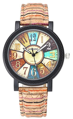 JSDDE Uhren,Damen Retro Stil Farbig Streifen Armbanduhr Holz Kork Muster PU Lederband Analog Quarzuhr