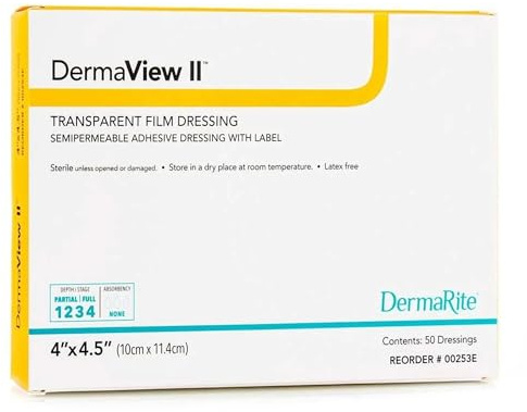 DermaRite's DermaView II Transparent Film Dressing with Border - Frame Style Delivery, Sterile, Individually Wrapped, 4 in. x 4-1/2 in., 1 Count, 50 Packs, 50 Total