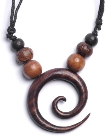 81stgeneration Colgante Redondo en Espiral de Madera Natural Marrón | Collar Bohemio de Cuentas de Madera | Gargantilla Negra | Collar Ajustable para Hombre y Mujer | Regalos Espirituales para Damas