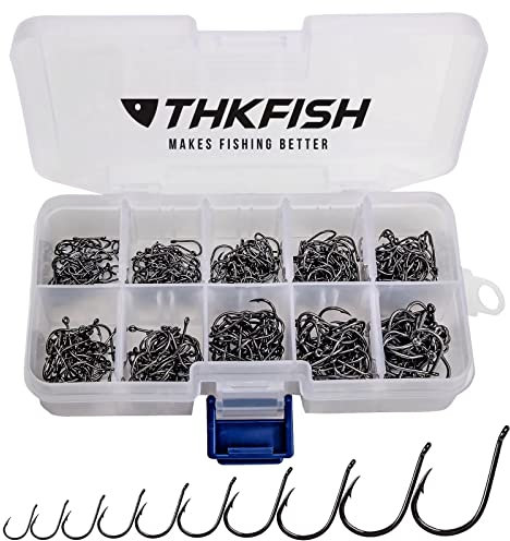 THKFISH Angelhaken Kohlenstoffstahl Angelhaken Set mit Kunststoff Box Angelzubehör Set Augen Haken10Größen 500Stück