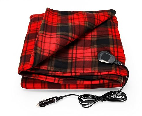 Camco Car & RV Heated Travel Blanket - Electric Blanket Features 7-Ft Power Cord Compatible w/Vehicle 12V Power Outlets - Measures 59” x 43” - Polar Fleece w/Red & Black Plaid Design (42804)