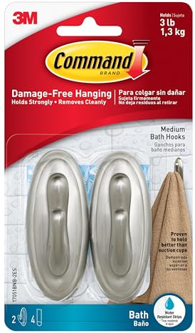 Command Medium Bath Hooks, Holds up to 3 lb, 2 Shower Hooks, 4 Water Resistant Strips, Brushed Nickel Colored, Damage Free Bathroom Organization for Robes, Towels, or Loofahs