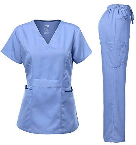 Medical Uniform Women's Scrubs Set Stretch Contrast Pocket Ceil Blue XS