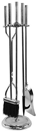 Minuteman International Neoclassic 5 Piece Fireplace Iron Tool Set with Shovel, Tongs, Tampico Fiber Brush, Steel Tip Poker, & Stand, Polished Chrome