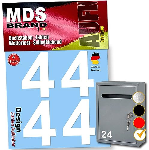 MDS Brand 10cm Zahlen Aufkleber – Selbstklebende, langlebige Buchstaben für Briefkasten, Mülltonne & mehr | Perfekt für Innen- und Außenanwendungen (Weiss-4)
