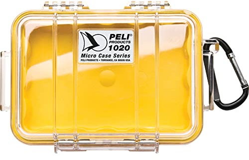 PELI 1020 Micro Case, Watertight Protection for Small Sensitive Devices, IP67 Rated, 1L Capacity, Made in US, Clear/Yellow Liner