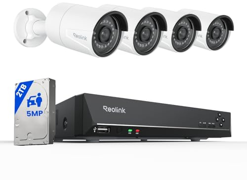 REOLINK 8CH 5MP Security Camera System, 4pcs Wired PoE Cameras for Home Security Outdoors, Smart Person/Pet/Vehicle Detection, 4K 8CH NVR with 2TB HDD for 24-7 Recording, RLK8-410B4-5MP White