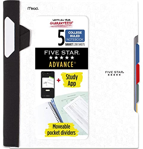 Five Star Spiral Notebook + Study App, 5 Subject, College Ruled Paper, Advance Notebook with Spiral Guard, Movable Tabbed Dividers and Expanding Pockets, 8-1/2 x 11, 200 Sheets, White (73154)