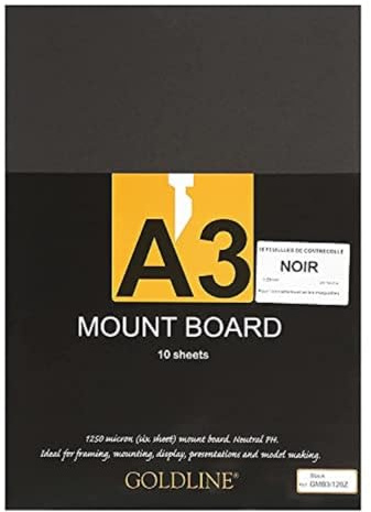 Clairefontaine - Ref GMB3/120Z - Goldline Mount Board (Pack of 10) - A3 Sized, Acid Free, pH Neutral, 1.25mm Thick, 750gsm - Black - Suitable for Model-Making & Framing