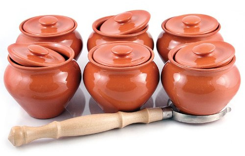 Stoneware Ramekins with Lids (Set of 6) & 1 Oven Fork - 16.9 fl oz (500 ml) - Clay Pots for Cooking, Dutch Oven Pot With Lid, Cooking Pot, Earthenware Pot, Stockpot with Lid, Earthenware Rice Pots Small Clay Pots