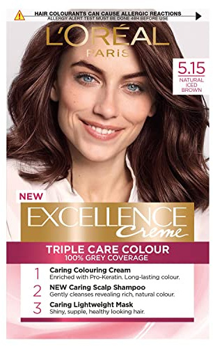L'Oréal Paris Excellence Crème Permanent Hair Dye, Radiant At-Home Hair Colour with up to 100% Grey Coverage, Pro-Keratin, Up to 8 Weeks of Colour, Colour: 5.15 Natural Iced Brown