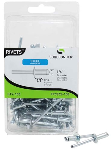 Surebonder FPC86S-100 Heavy Duty Short Steel Pop Rivets - 1/4 Diameter, 3/8 Grip - Professional Rivets for Machinery, Metal Repairs, and DIY Projects, 100 Count